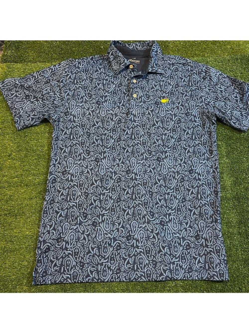 The Masters tech polo mens medium blue paisley print lighweight breathable golf